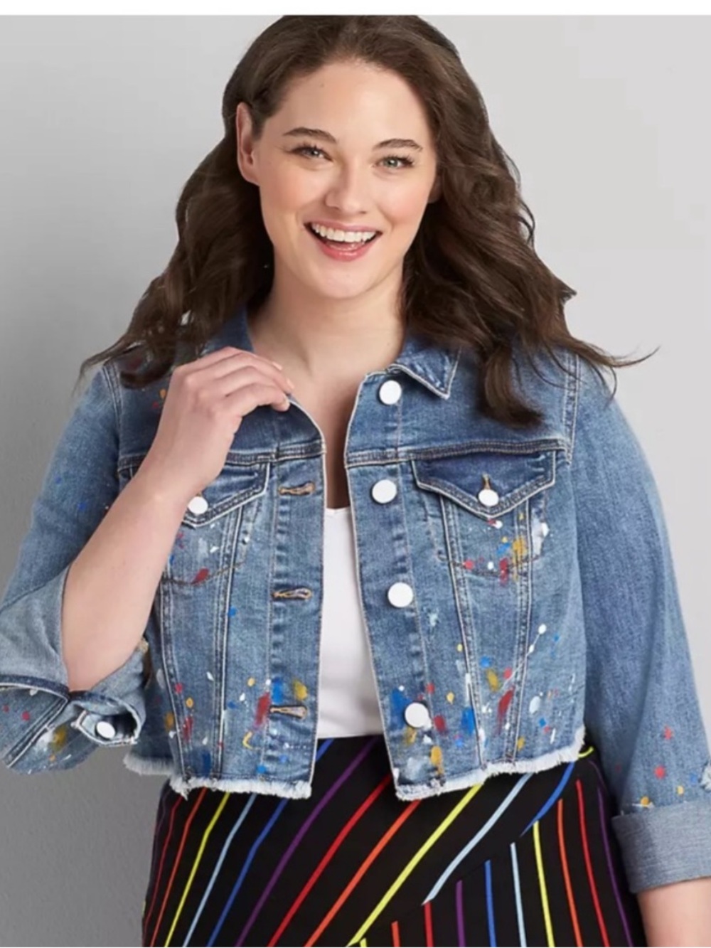 NEW Lane Bryant Womens Size 20 Paint Splatter Cropped Denim Blue Jean Jacket